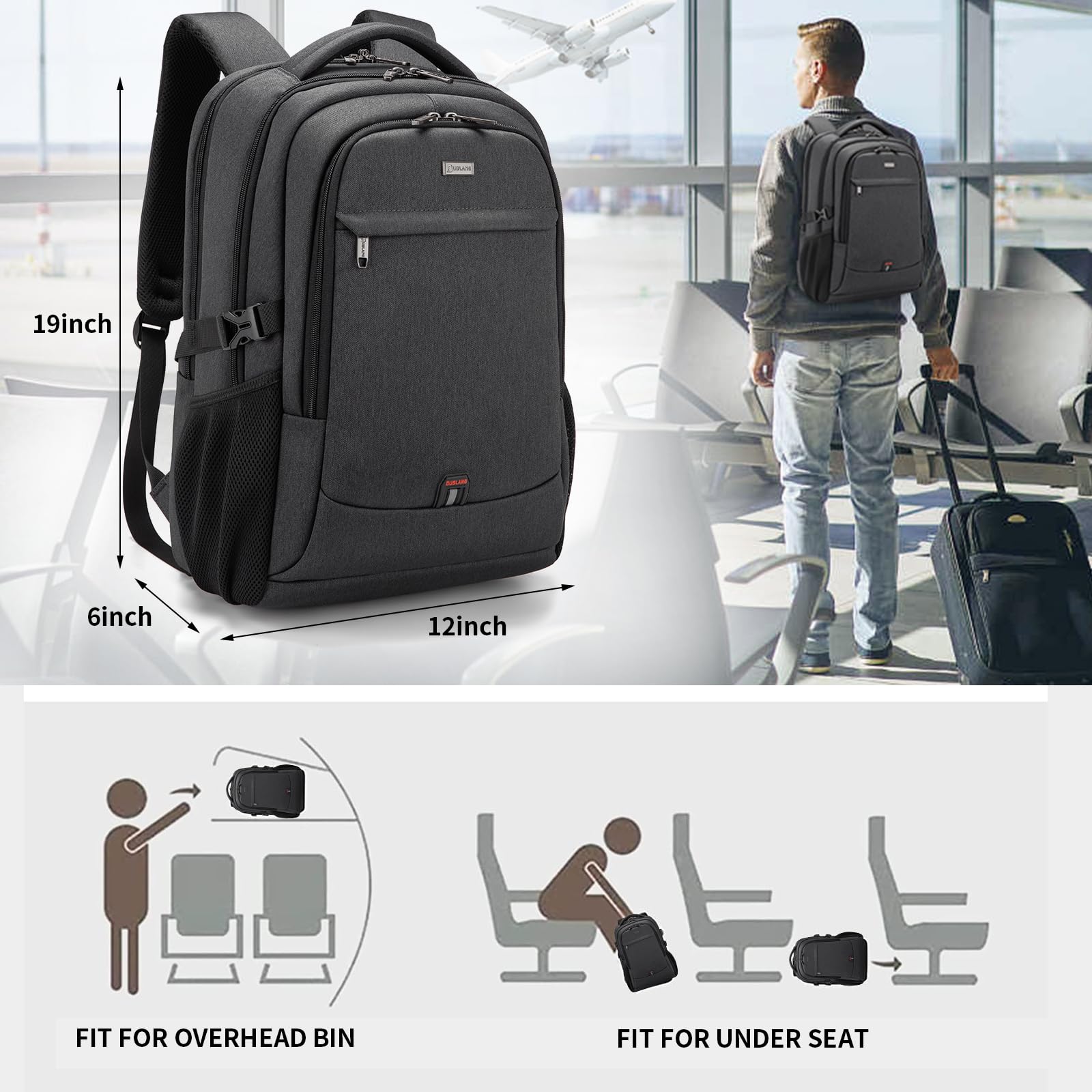 DUSLANG 17 Inch Laptop Backpack for Travel Water Resistant College Backpack for Men Laptop Bag with USB Charging Port,Black