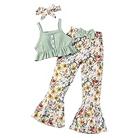 Little Kids Girls Ruffle Hem Cami Top and Floral Printed Flared Pants with Headband Set Summer Casual Wear