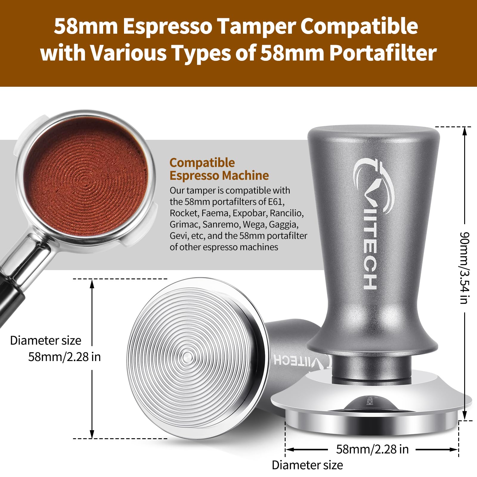 Espresso Tamper, Viitech 58mm Coffee Tamper for Espresso Machine, Premium Calibrated Tamper with Spring Loaded, Stainless Steel Flat Ripple Base, Constant 30lb Hand Tamper Tools for Home Barista