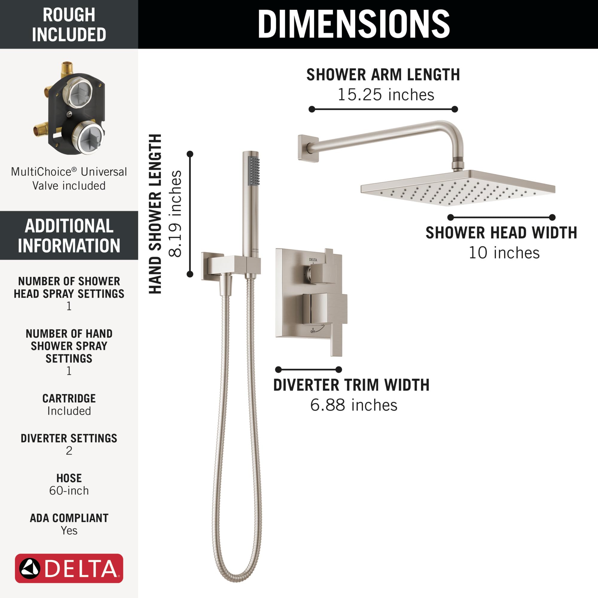 Delta Faucet Modern Raincan 2-Setting Shower Square System Including Rain Shower Head and Handheld Spray Brushed Nickel, Rainfall Shower System Brushed Nickel, Spotshield Stainless 342701-SP