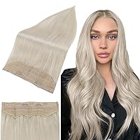 Full Shine Pure Wire Hair Extensions with Invisible Headband Real Human Hair White Blonde Wire Hair Extensions White Blonde Hairpiece with Invisible Fish Line 14 inch 70g