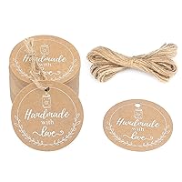 G2PLUS 100PCS Handmade Gift Tags, Handmade with Love Tags, 2'' Round Handmade Tags, Kraft Paper Gift Tags with String for Gift Wrapping, Arts & Crafts, Wedding Party Favors
