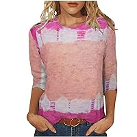 Tie Dye Color Block T-Shirts for Womens 3/4 Sleeve Round Neck Pullover Tops 2023 Summer Comfy Casual Printed Blouses
