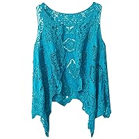 Flygo Women's Open Front Cotton Crochet Lace Boho Hippie Butterfly Vest Cardigan Coverup Sleeveless Irregular Hem(PeacockBlue-One Size)