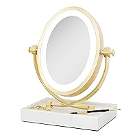 Zadro Brooklyn LED Makeup Mirrors with Lights & Magnification White Marble Storage Tray Base Tabletop Vanity Mirror (X-Large | 5X/1X | 12