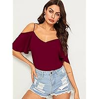 Womens Summer Tops Solid Cold Shoulder Layered Sleeve Top (Color : Burgundy, Size : X-Small)