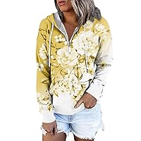 Women Quarter Zip Pullover Loose Drawstring Sweatshirts Trendy Floral Hoodies With Pocket Fall Fashion Outfits