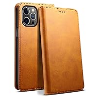 Wallet Case for iPhone 13 Mini/13/13 Pro/13 Pro Max, Genuine Leather Folio Case with TPU Shell Card Slots Kickstand Magnetic Flip Cover,Orange,13pro max 6.7