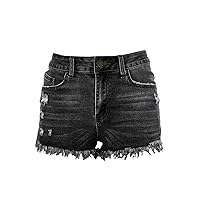 Women's Cat Whiskers Denim Shorts Fringed Ripped Jean Shorts Raw Hem Washed Buttoned Summer Holes Short Pants
