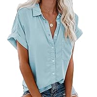Andongnywell Womens Short Sleeve Button Down Shirts Simple Pullover Stretch Formal Casual Shirt Blouse