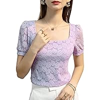 Lace Tops for Women, Summer Sexy Scoop Neck Semi Sheer Puff Short Sleeve Patchwork Blouses Elegant Work Shirts
