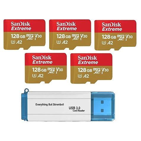 SanDisk 128GB Micro SDXC Extreme Memory Card (Five Pack) Works with GoPro Hero 7 Black, Silver, Hero7 White UHS-1 U3 A2 Bundle with (1) Everything But Stromboli 3.0 TF/SD Card Reader