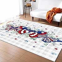 Rectangular Area Rug for Living Room, Bedroom, 4th of July Butterfly Non-Slip Residential Carpet, Kitchen Rugs, Blue Red Star Grey Plaid Botanical Floor Mat with Rubber Backing 2' x 3'