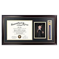 GraduationMall 11x22 Mahogany Diploma Frame with Tassel Holder and Picture for 8.5x11 Certificate 5x7 Photo,Real Glass,Black Over Gold Mat