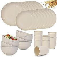 32-Piece Premium Plastic Dinnerware Sets for 8, Unbreakable Wheat Straw Cups Plates and Bowls Set, Microwave and Dishwasher Safe Kitchen Dish Set for RV Camping Picnic Dorm, Beige