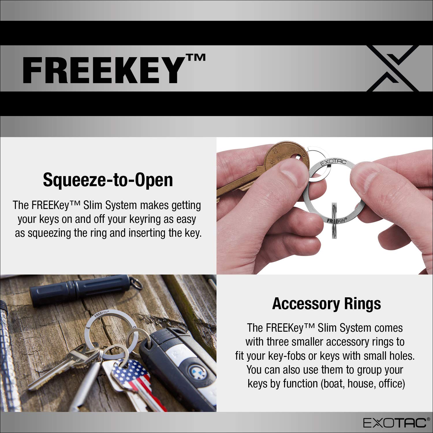 Exotac FREEkey Slim System Squeeze-to-open Keyring, Easily Add and Remove Keys, Further Organize Keys with Included Accessory Ring Spares