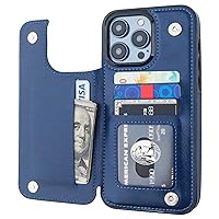 Compatible with iPhone 15 Pro Max Wallet Case with Card Holder, PU Leather Kickstand Card Slots Case, Double Magnetic Clasp and Durable Shockproof Cover 6.7 Inch (Blue)