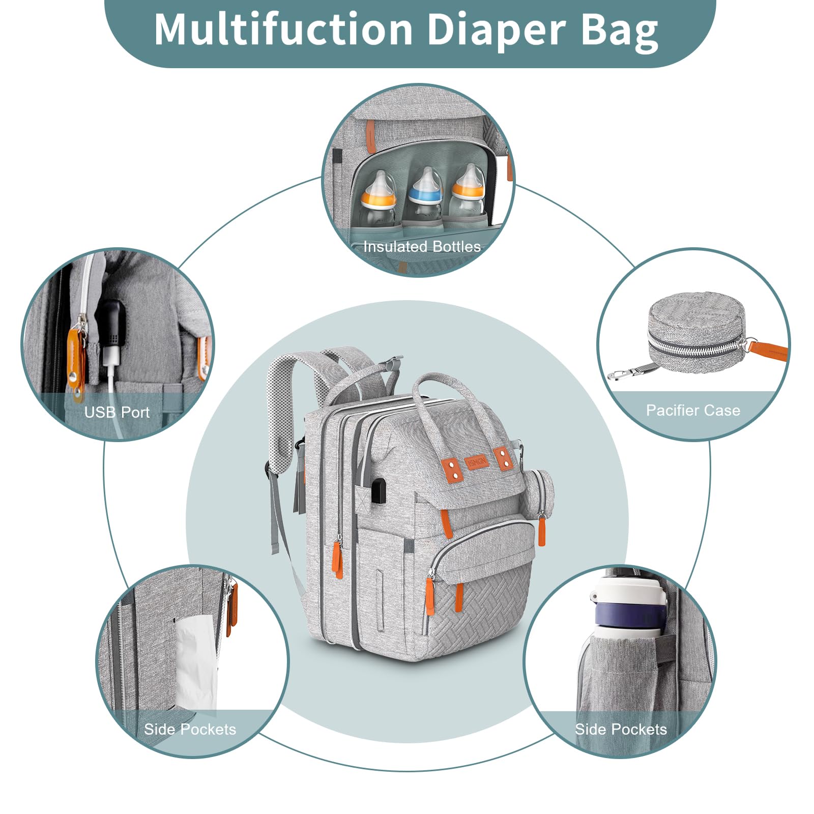 ISMGN Diaper Bag Backpack, Multifunctional Diaper Bag, Extra Large Diaper Bag, Expandable Diaper Bag, UG Grey