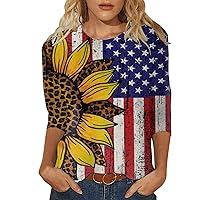 4th of July T-Shirt for Womens Tops Fashion Casual Three Quarter Sleeve Independence Day Print Round Neck Pullover Top Blouse