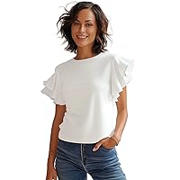 Womens Tops with Ruffle Sleeves - Ruffled Sleeve Tees for Women | [40180174] White, L