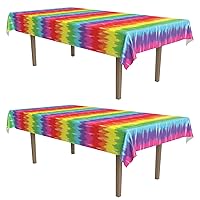 Beistle Tie-Dyed Tablecovers, 54” x 108”, Plastic Table Cloth, Rectangular Tablecloth, Table Covers for Party, Rainbow Table Cloths for Parties, Tie Dye Party Supplies, Multi Color, 2 Pieces