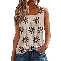 Summer Tops for Women 2024 Floral Printed Pleated Square Neck Sleeveless Tank Tops Workout Vest
