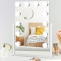 Fabuday Lighted Makeup Vanity Mirror with Lights - Hollywood Desk LED Mirror with 12 Dimmable Bulbs for Bedroom Table, 3 Color Lighting Light Up Mirror, Detachable 10x Magnifying Mirror, White