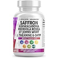 Clean Saffron Supplements with Ashwagandha 8000mg - Mood Support with L-Theanine 200mg, Ginkgo Biloba 6000mg, St. John's Wort 6000mg, Rhodiola Rosea 3000mg & 5-HTP 500mg - Saffron Pills Capsules USA