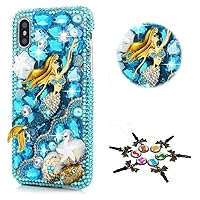 STENES Sparkle Case Compatible with T-Mobile REVVL 6 Pro 5G Case - Stylish - 3D Handmade Bling Mermaid Starfish Shell Rhinestone Crystal Diamond Design Girls Women Cover - Blue