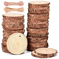 Wood Slices 50 Pcs 2.4-2.8 Inches Wood Cookies Unfinished Predrilled Natural Tree Cookies with Bark Wood Ornaments for Crafts Painting DIY Natural Wood Slices with Hole and 2 Twine String
