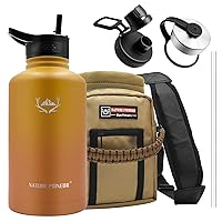 Insulated Water Bottles with Straw - 64 oz Stainless Steel Vacuum Water Bottle with Holder/Carrier/Sleeve - Reusable 18/8 Food Grade Thermos Water Jug