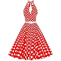 Women 50s Vintage Polka Dot Halter Cocktail Swing Dress 1950s Rockabilly Audrey Hepburn Prom Tea Party Dress with Belt