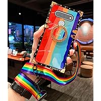 for LG Stylo 6 Phone Case, BABEMALL Elegant Rainbow Full-Body Protection Square Design Four Decoration Corner Back Holder Cover Case with Strap(Rainbow)