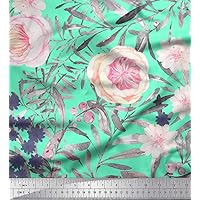 Soimoi Silk Green Fabric - by The Yard - 42 Inch Wide - Leaves & Denmark Rose Flower Elegance - Timeless Botanical Beauty in Contemporary Prints Printed Fabric
