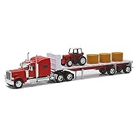 New-Ray Peterbilt 389 with Hay and Farm Tractor Playset 1/32 Scale Model Toy Vehicles, 10293A, Red