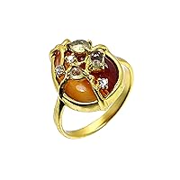 Gold Plated Brass Ring Studded with Pear Cabochon Overlapping Green Amethyst and Cubic Zircon on Sardonyx Unique Ring.