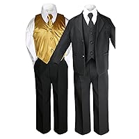 Unotux 7pc Boys Black Suit with Satin Gold Vest Set from Baby to Teen (4T)