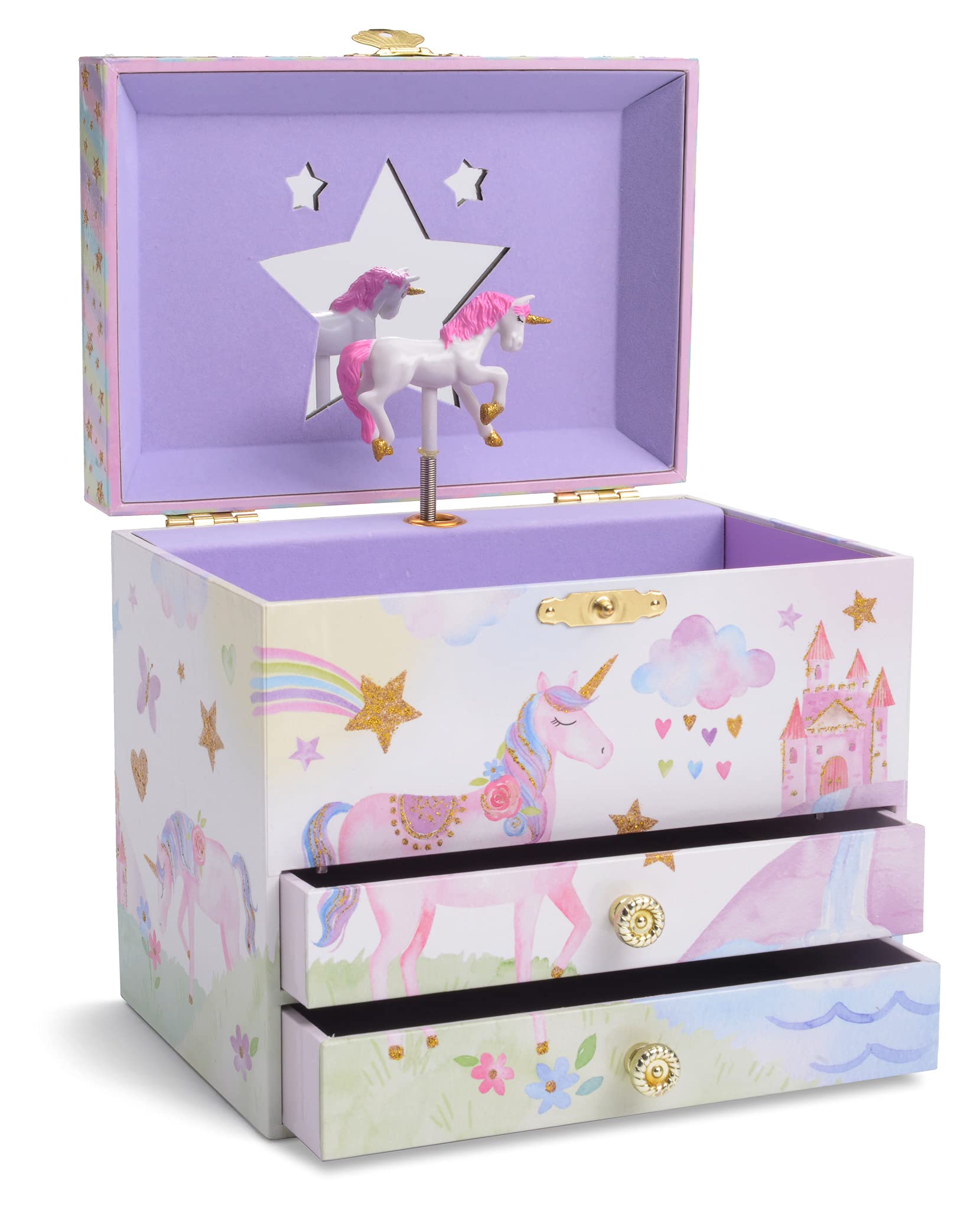 Musical Jewelry Box 1 Pullout Drawers Glitter Rainbow Stars Unicorn Design 