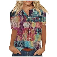 Womens Tops 2023 Summer Slim Fit Button Down Shirt V Neck Tshirts Ethnic Floral Tees Slim Cute 3/4 Sleeve Blouse