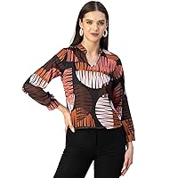Long Sleeve Band Collar Printed Top - Women's Stylish Georgette Top