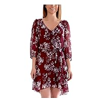 Womens Burgundy Ruffled Belted Ruched Sheer Floral 3/4 Sleeve V Neck Knee Length Party Hi-Lo Dress Juniors XXS