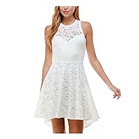 City Studio Womens Ivory Lace High-Low Sleeveless Jewel Neck Short Party Fit + Flare Dress Juniors 7, Off-white