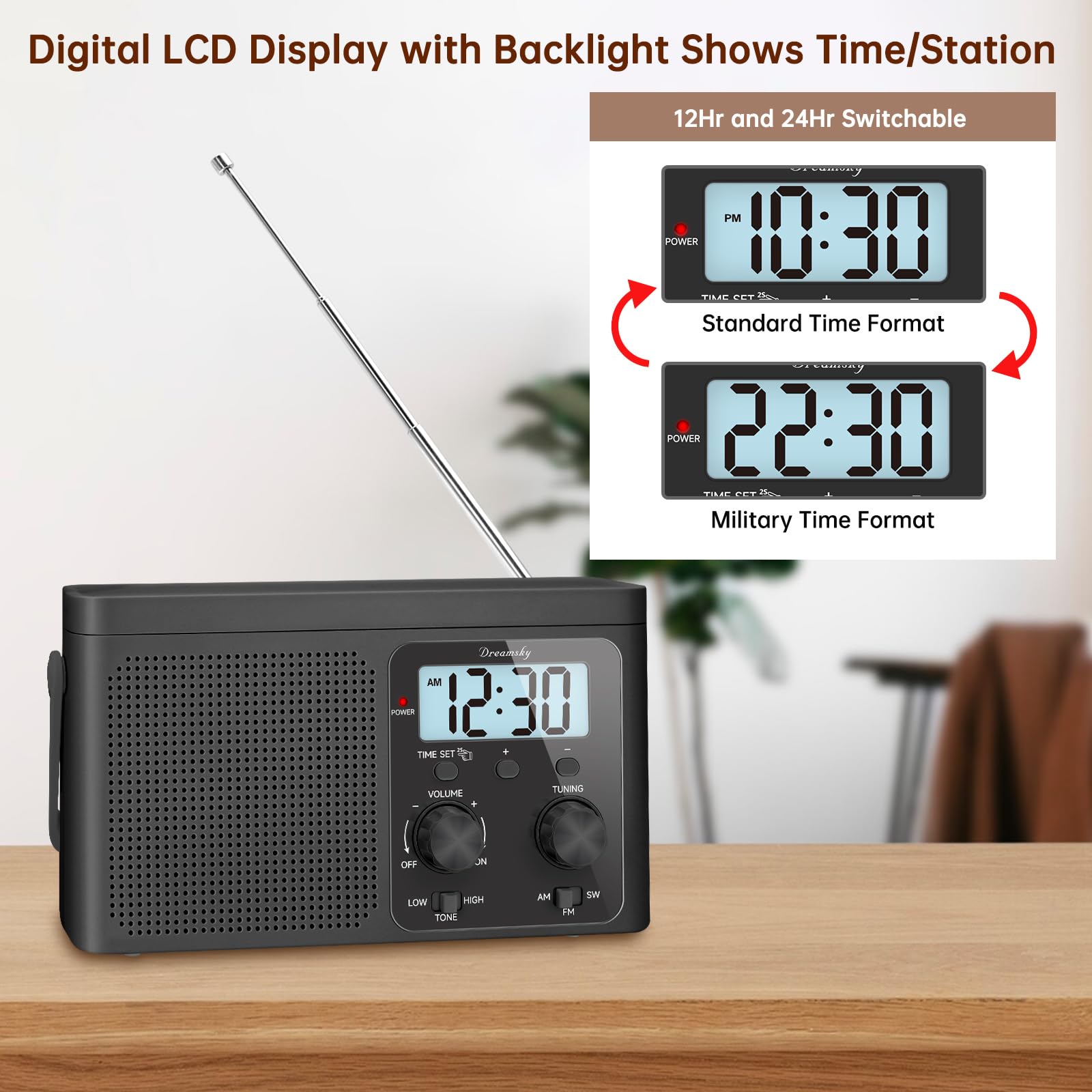 DreamSky Portable AM FM Shortwave Radio - Plug in Wall or Battery Powered, Transistor Antenna, Strong Reception, Large Analog Dial, Digital Display, 12/24Hr, Headphone Jack, Small Gfits for Seniors
