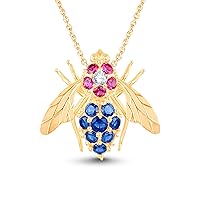 925 Sterling silver Forever Bee Pendant Necklace with Blue Sapphire and Pink Tourmaline in 14K White Gold plated