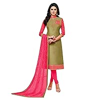 ladyline Womens Plain Silk Salwar Kameez with Contrast Sleeves Embroidered Dupatta