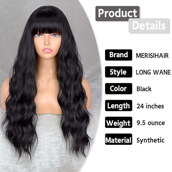 Mua MERISIHAIR Long Black Wig with Bangs,Synthetic Wavy Bang Black Wigs for  Women, Women Long Curly Heat Resistant Black Hair Wig ,Cosplay Selena Black  Wig 24 Inches(Black) trên Amazon Mỹ chính hãng