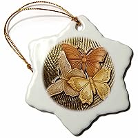3dRose Embossed Background with Accents and Three Beautiful Butterflies in Golds, Yellows and Copper Snowflake Ornament, 3