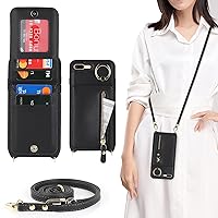 iPhone 7 Plus/8 Plus Case with Card Holder for Women, iPhone 7 Plus/8 Plus Phone Case Wallet with Strap Credit Card Slots Crossbody with Kickstand Zipper Case - Black
