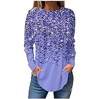 Long Sleeve Sparkly Tunic Tops for Women Casual Crewneck Spring Shimmer Glitter Tops Loose Fit Shiny Graphic Blouses