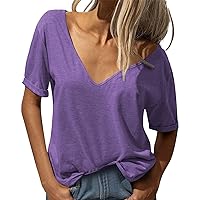 Women's Fashion Deep V Neck Short Sleeve Top Solid Color Casual Loose Basic T Shirt Long Sleeve Turtleneck Women